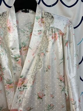 Natori Ivory Satin Floral Robe with Pink & Mint Accents